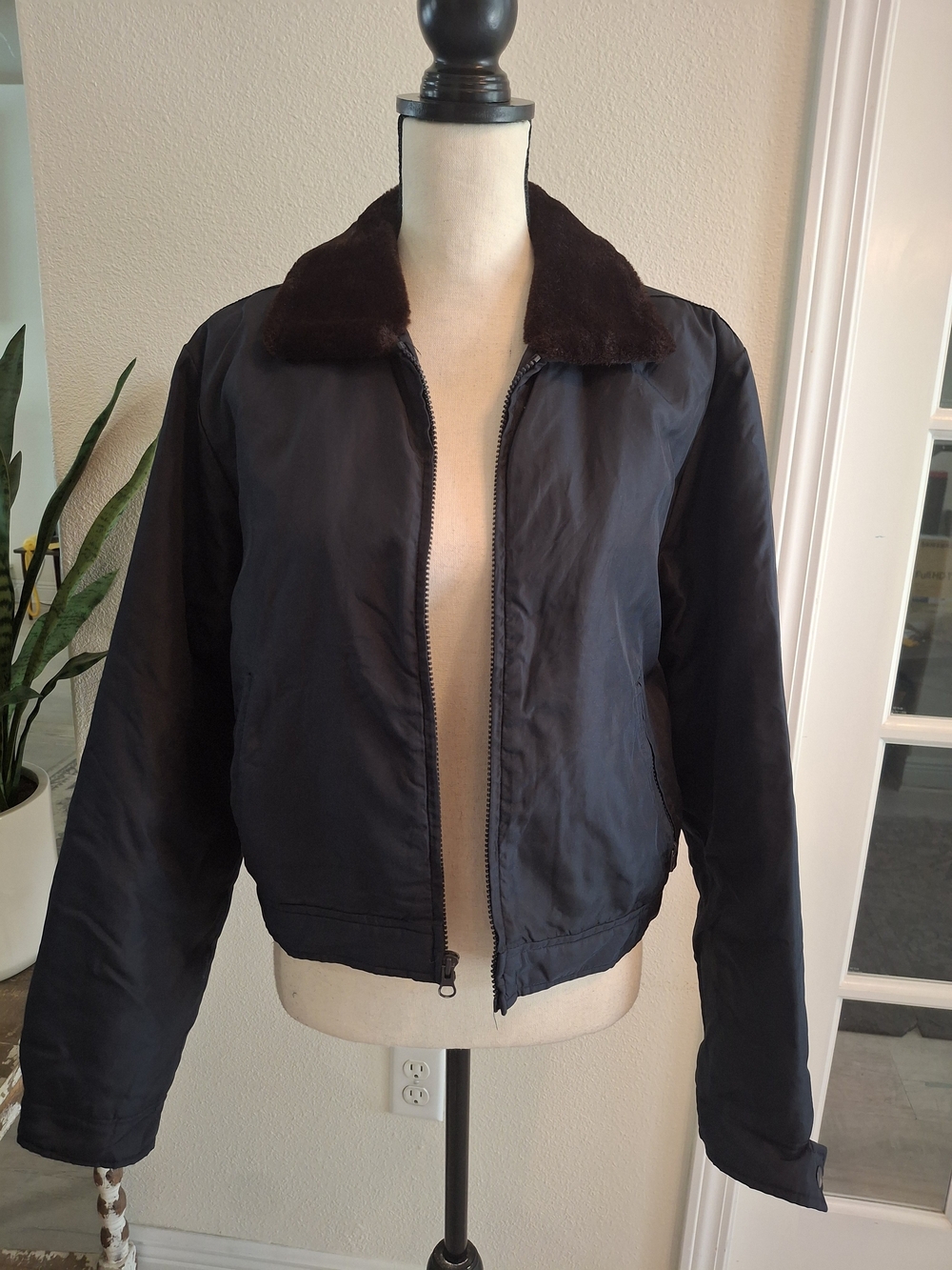 Vintage 90s Abercrombie & Fitch Black Bomber Jacket with Brown Faux Fur Collar